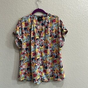 W5 Colorful Floral Printed Short Sleeve Polyester V-Neck Top Blouse Size XL